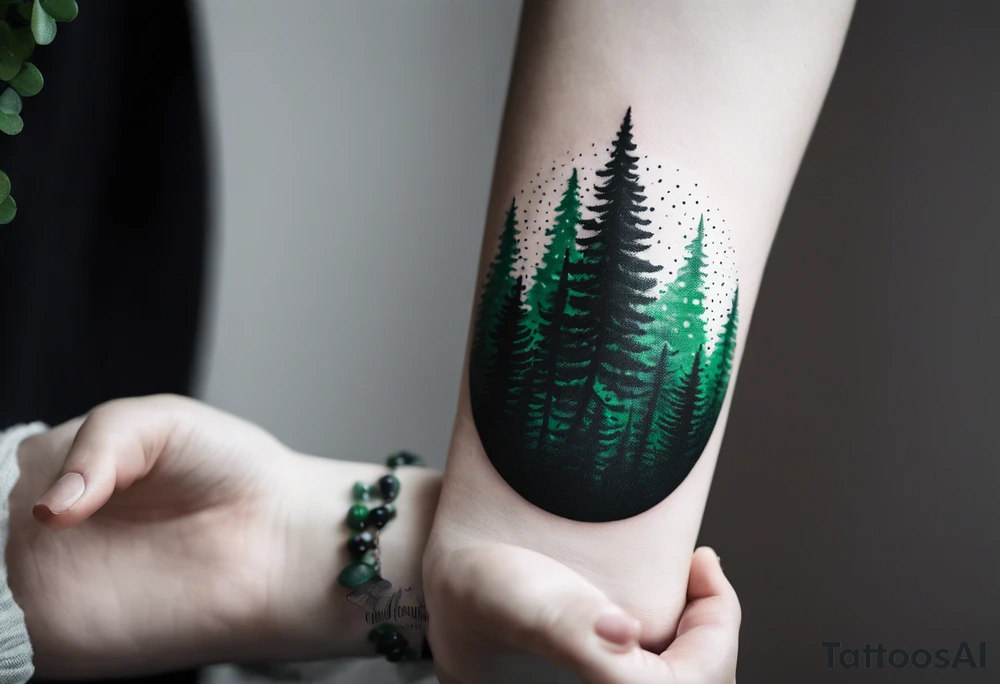forest, green and black, covered from wrist to forearm, fully covered, no borders, blackwork tattoo idea