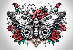 Moth with skull inside it and thorns and roses around it tattoo idea