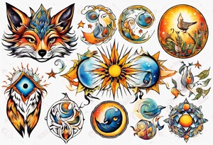 fisch, fuchs und eule , symetrie  sonne, universum, bunt, " sapere aude" tattoo idea