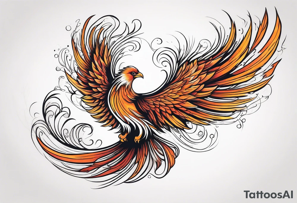 Tattoo: A powerful, majestic phoenix, depicted mid-flight or rising, with wings extended and feathers flowing. Deep shading and intricate details to bring out the texture and motion of the feathers. tattoo idea