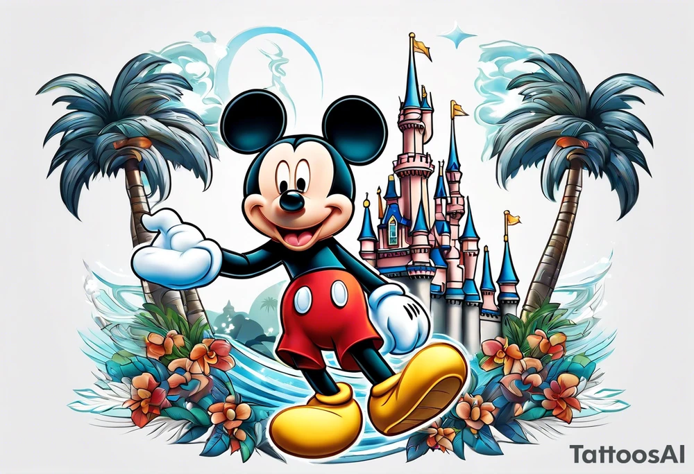 mickey mouse holding lightning with palm trees doing martial arts at the disney castle tattoo idea