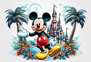 mickey mouse holding lightning with palm trees doing martial arts at the disney castle tattoo idea