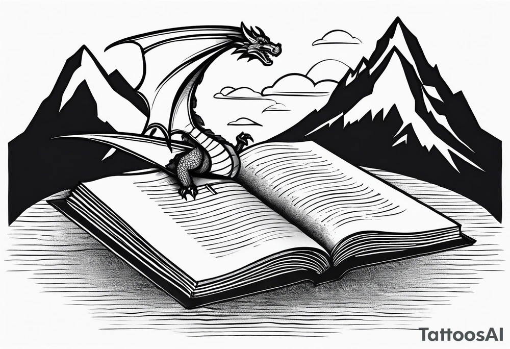 A large open book fluttering pages. a tiny dragon with scales and four legs flying high in the sky. three mountains magic tattoo idea