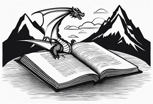 A large open book fluttering pages. a tiny dragon with scales and four legs flying high in the sky. three mountains magic tattoo idea