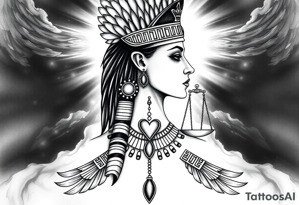 Beautiful Egyptian goddess woman, depicted as a regal woman with an ostrich feather headdress, and intricate ancient Egyptian jewelry, the Anhk necklace. Background includes something similar to heaven, as one is walking into it. Incorporate the Scales of Justice—one side holding a heart, the other Ma’at’s feather—glowing with ethereal energy. Emphasize dramatic lighting, deep shadows, and surreal, mystical atmosphere tattoo idea