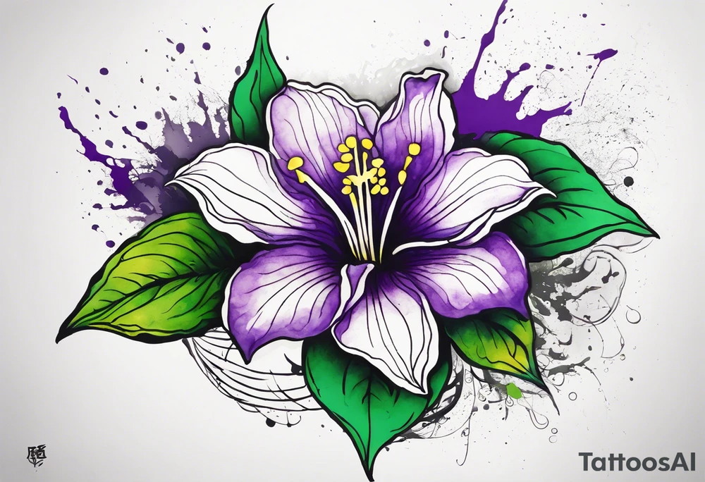 A mystical outline of a rio dipladenia flower and a green/purple watercolor splash in the background tattoo idea