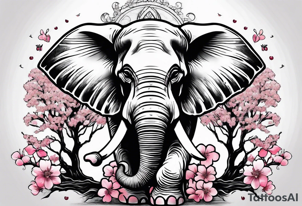 Elephant with cherry blossom tree tattoo idea