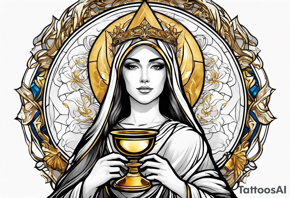 woman saint holding chalice surrounded by golden halo portrait tattoo idea
