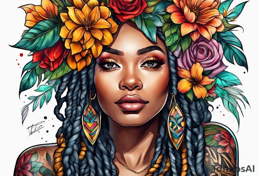 Woman with locs and flowers tattoo idea