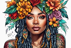 Woman with locs and flowers tattoo idea