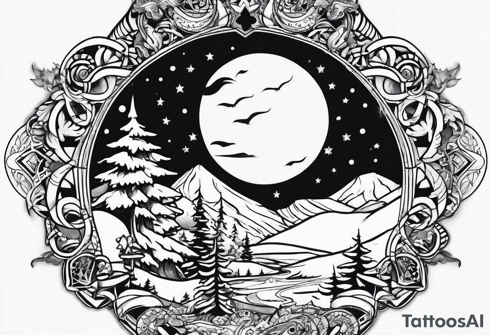 snowshoes and a moon above tattoo idea
