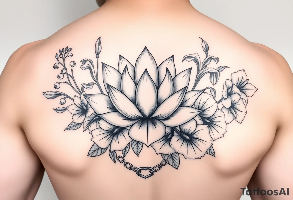 Lotus surrounded by Lilly of the valley, iris, and morning glory flowers. A heart chain and chain link weaved through whole tattoo tattoo idea