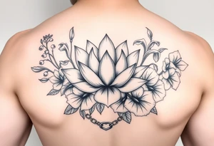 Lotus surrounded by Lilly of the valley, iris, and morning glory flowers. A heart chain and chain link weaved through whole tattoo tattoo idea