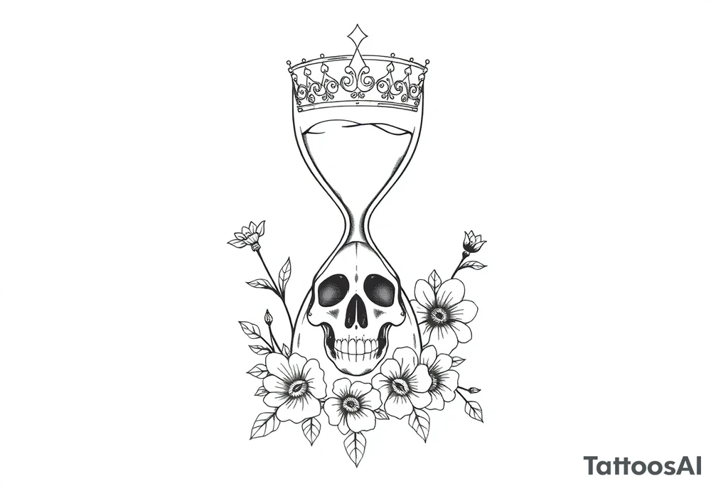 Hourglass with detailed beautiful gothic boho flowers on vine and skull with gorgeous crown tattoo idea