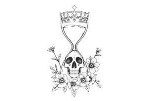 Hourglass with detailed beautiful gothic boho flowers on vine and skull with gorgeous crown tattoo idea