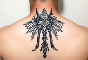 "Anubis as gold ufo 3 eyes

Style: sacral geometry blackwork. Thigh/calf placement." tattoo idea