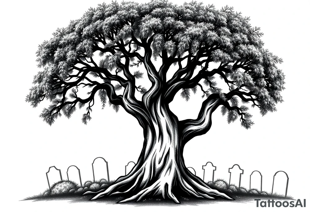 Laurel oak covered in Spanish moss in a cemetery tattoo idea