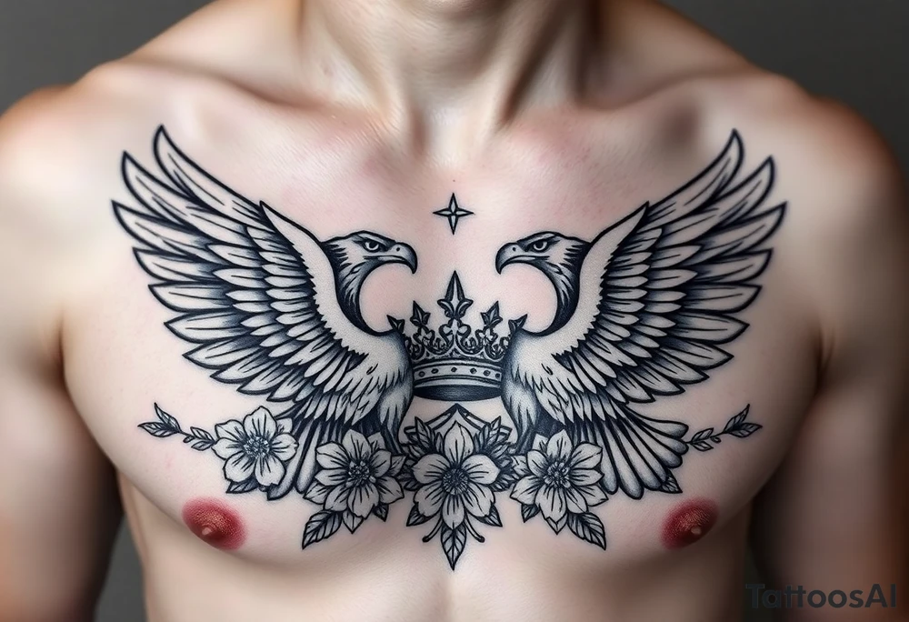 Chest tattoo,powerful two symetrical majestic eagles, surrounded by floral ornaments and lure, between eagles a crown tattoo idea