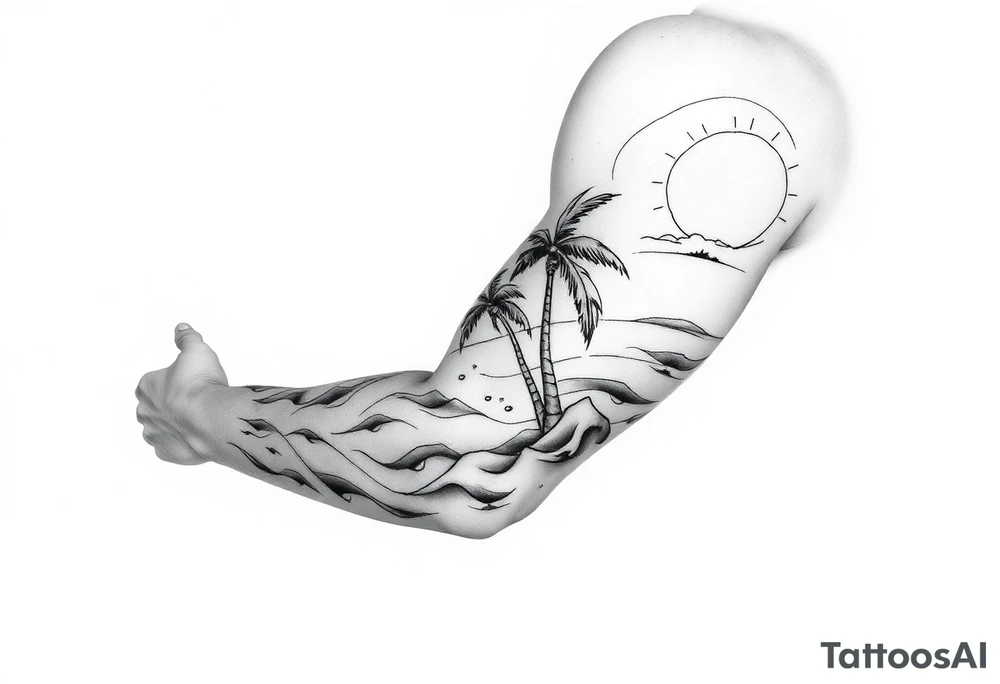 fine line, peaceful, serene, timeless, ocean, sand, palm tree, sun tattoo idea