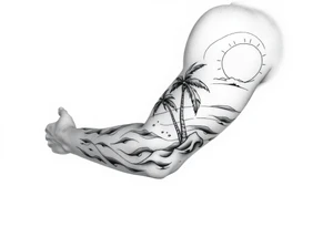 fine line, peaceful, serene, timeless, ocean, sand, palm tree, sun tattoo idea