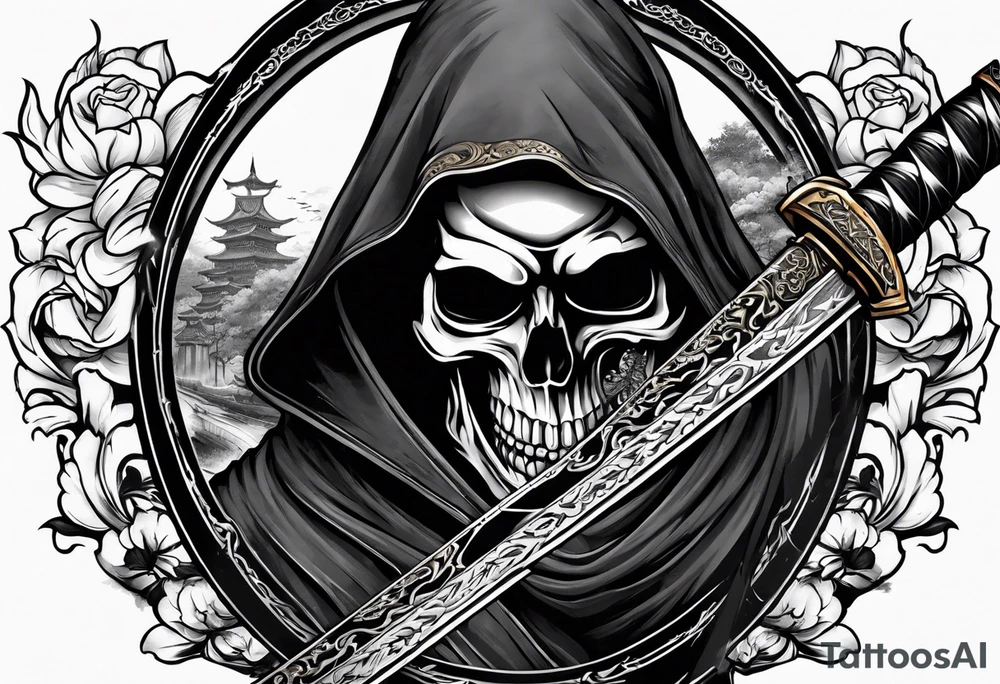 katana with grim reaper and skull tattoo idea