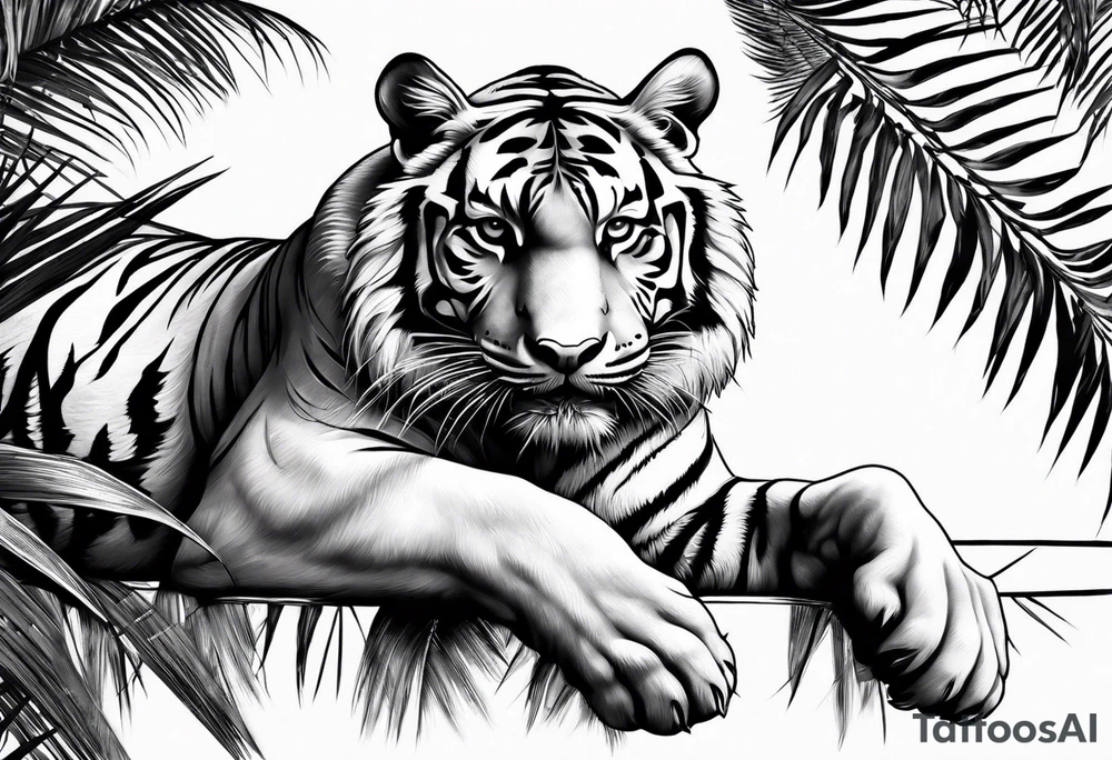 tiger laying on palm tree tattoo idea
