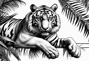 tiger laying on palm tree tattoo idea