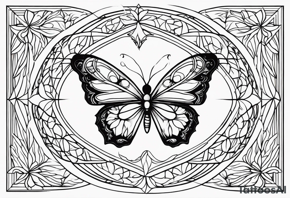 Black and white outline of sacred geometric shapes including fading flower of life into butterfly tattoo idea