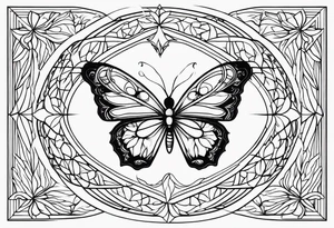 Black and white outline of sacred geometric shapes including fading flower of life into butterfly tattoo idea