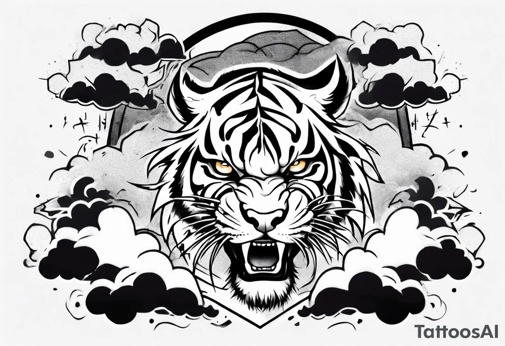 A thundergod tiger forearm sleeve tattoo, with lightning and clouds filling the area tattoo idea