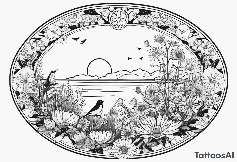 Oval shape with sea rocket and aster flowers with a small cardinal room in the center for a signature less ornate tattoo idea