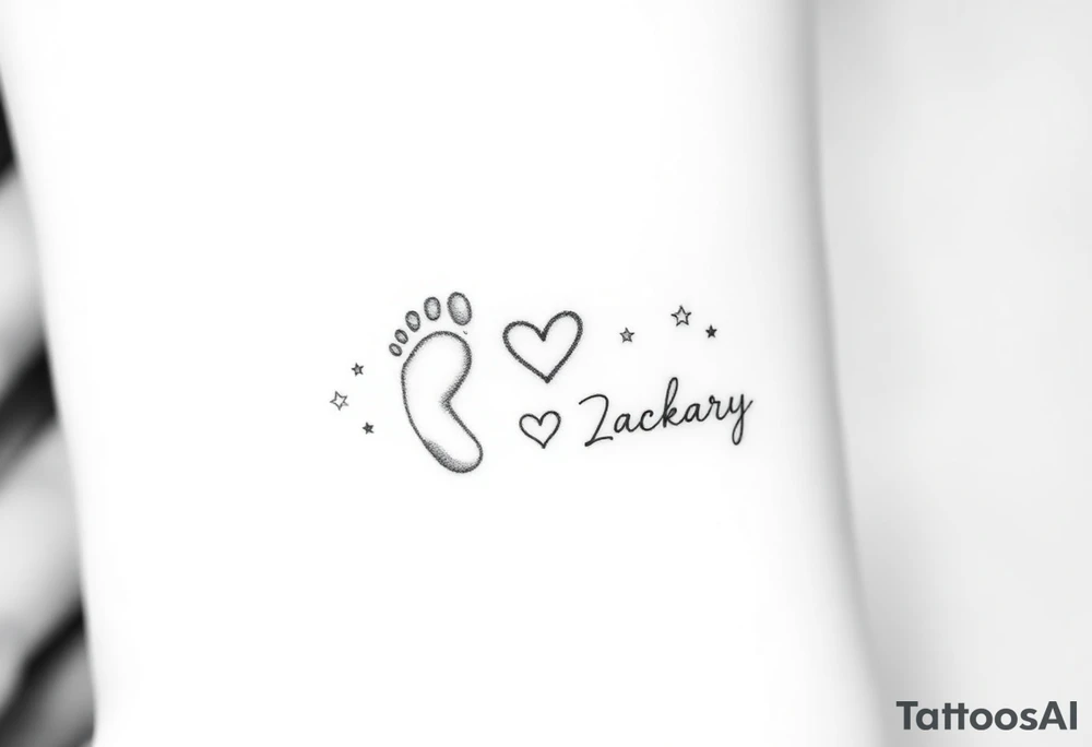 Create a small, elegant tattoo design that celebrates the spirit of childhood. The design should evoke innocence and joy, incorporating delicate elements like tiny handprints or footprints, subtle stars, or a playful heart. Consider integrating minimal floral accents or soft, flowing lines that suggest the nurturing bond of family. Optionally, you can include the names "Charlie" and "Zackary" in gentle, cursive script within the design to personalize it further. tattoo idea