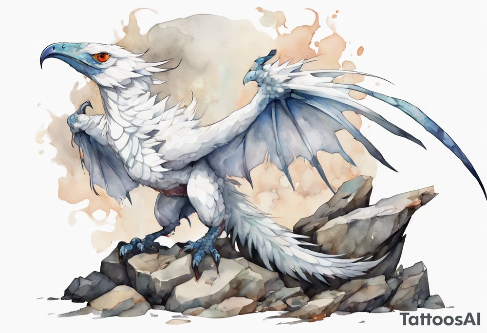 a white bird-wyvern hybrid, wearing an iron collar, perched on a stone tattoo idea