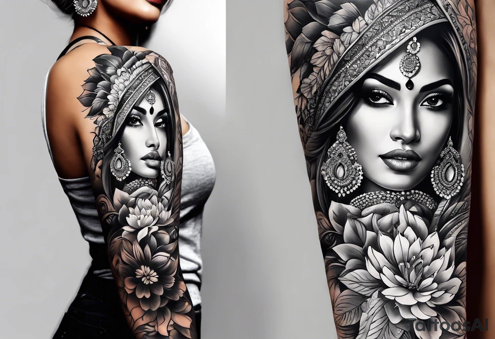 Please design a full sleeve tatto starting on my hand with a beautiful indian woman going up my arm will be her hair wrapping around my arm mixed with floral tattoo idea