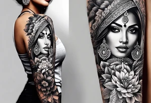 Please design a full sleeve tatto starting on my hand with a beautiful indian woman going up my arm will be her hair wrapping around my arm mixed with floral tattoo idea