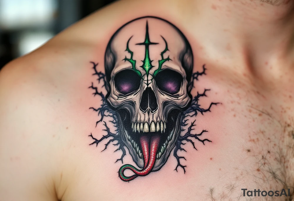 A detailed skull with the Dark Mark etched across its forehead, with a serpent's tongue flicking from its mouth. Surrounding the skull are thorny vines and creeping smoke. Black for the skull, green and red for the serpent’s tongue, and deep purple and grey for the vines and smoke. tattoo idea