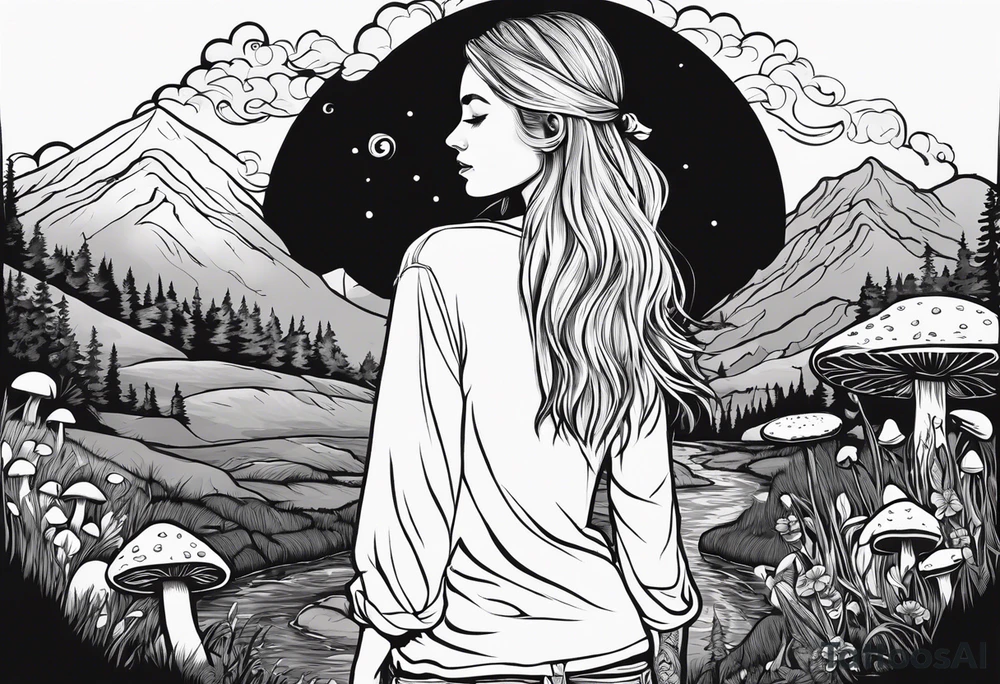 Whole picture encircled fully

Straight long blonde hair hippie girl in distance holding mushrooms in hand facing away toward mountains and creek surrounded by mushrooms long sleeve shirt and hiking pants; whole rendering within a full circle, no cut off circle tattoo idea