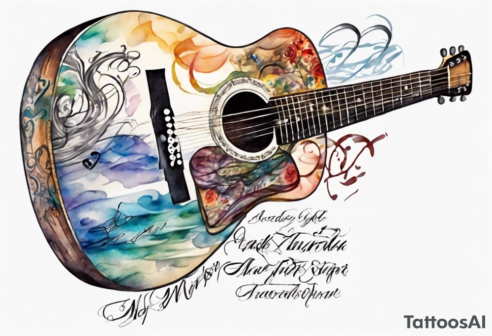 Acoustic Guitar neck with strings made of signatures emerging from skin tattoo idea