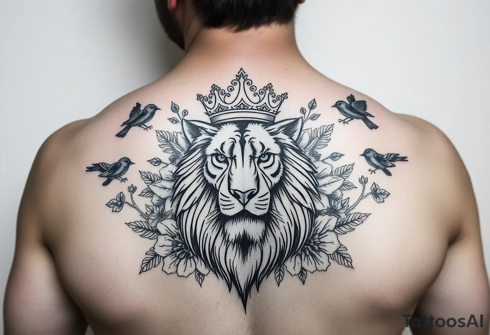 powerful majestic lion with a crown, surrounded by floral ornaments and birds tattoo idea
