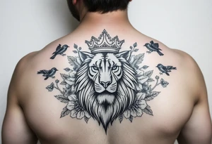 powerful majestic lion with a crown, surrounded by floral ornaments and birds tattoo idea