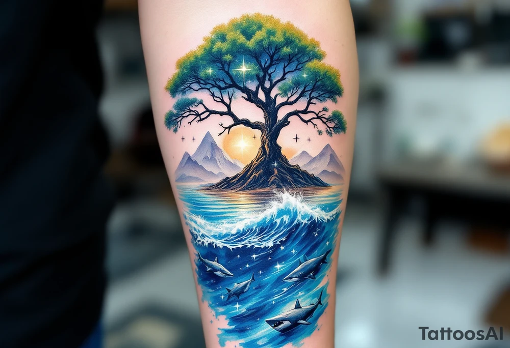 tattoo that has an acacia tree with mountains, ocean with a ship wreck with sharks and the northern star tattoo idea