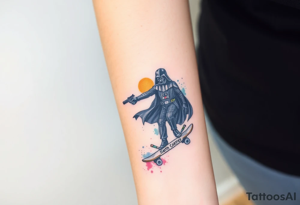 Darth Vader skateboarding with gun> bullets > memorial > god > colors > futuristic/space/star wars
add name "Darth Carter" on skateboard
add date 12/29/88-01/06/24 tattoo idea