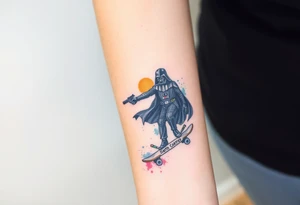 Darth Vader skateboarding with gun> bullets > memorial > god > colors > futuristic/space/star wars
add name "Darth Carter" on skateboard
add date 12/29/88-01/06/24 tattoo idea