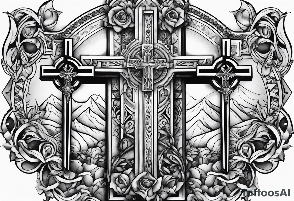 religious theme tatto with 3 crosses tattoo idea