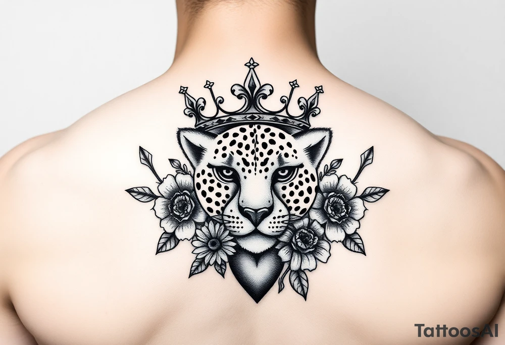 Damian, with crown, cheetah print , flowers and hearts tattoo idea