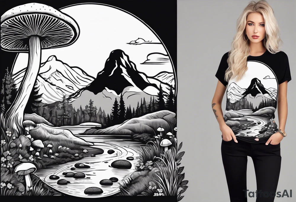 Whole picture within a circle Straight long blonde hair hippie girl in distance holding mushrooms in hand facing away toward mountains and creek surrounded by mushrooms tee shirt hiking pants hiking boots tattoo idea
