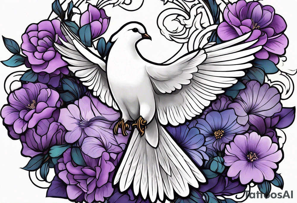 Purple flowers with a small realistic white dove coming from heaven to commemorate somebody that passed away. tattoo idea