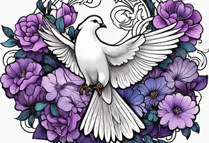 Purple flowers with a small realistic white dove coming from heaven to commemorate somebody that passed away. tattoo idea