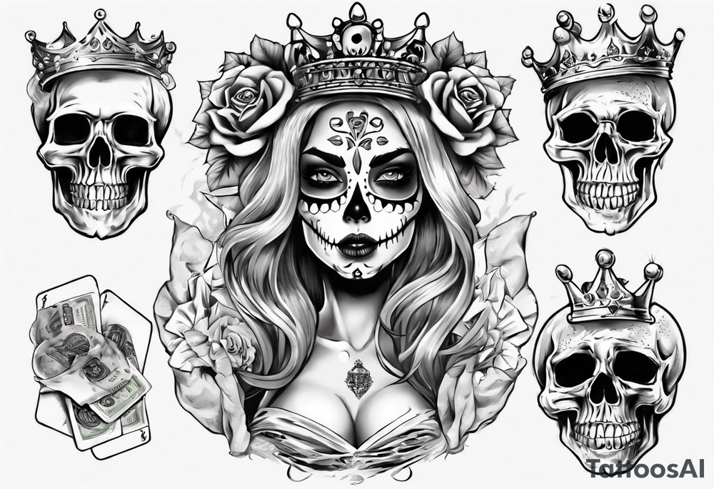 santa la muerta with money and crown
on the card tattoo idea