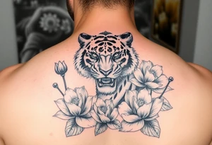 fierce tiger emerging through blooming lotus flowers in mist tattoo idea